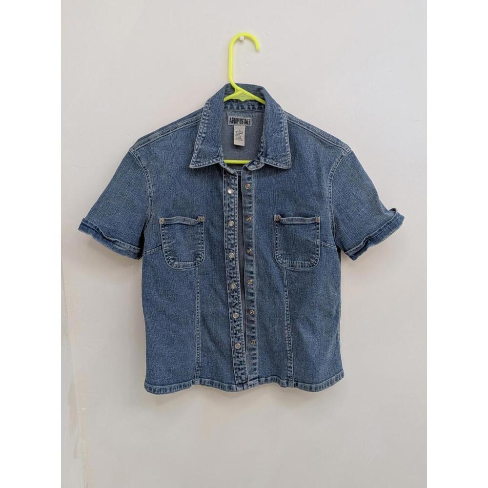 VTG Y2K Women's Aeropostale Denim Short Sleeved Jean Shirt W/ Snaps Sz M